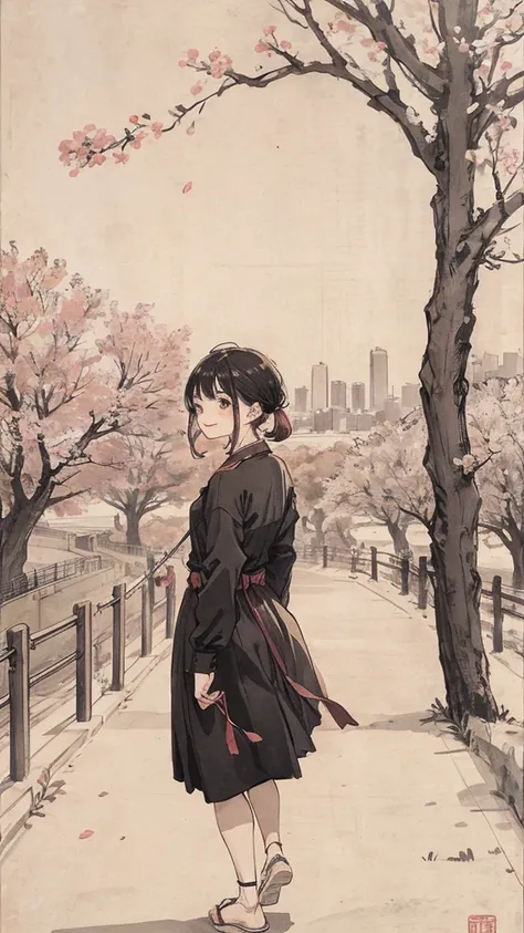 （1:1）1 female,Standing in the city,the sky is clear、The wind is blowing,Cherry blossom trees,black hair,smile,walk on the road,cityscape,small person,back view