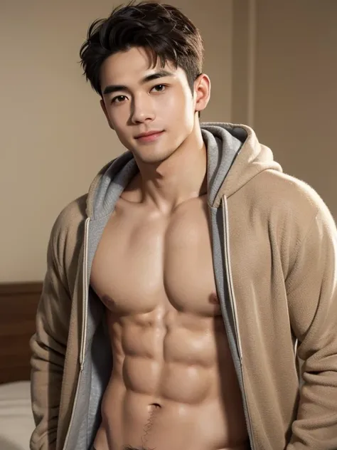 Adorable smile, a fluffy hoodie with teddy bear ears, worn over a naked body , on the bed、 I can see my abs , naked man ,whole body ,  light brown hair , realistic asian handsome face, natural muscles , beardless face, masterpiece, A high resolution, hyper...