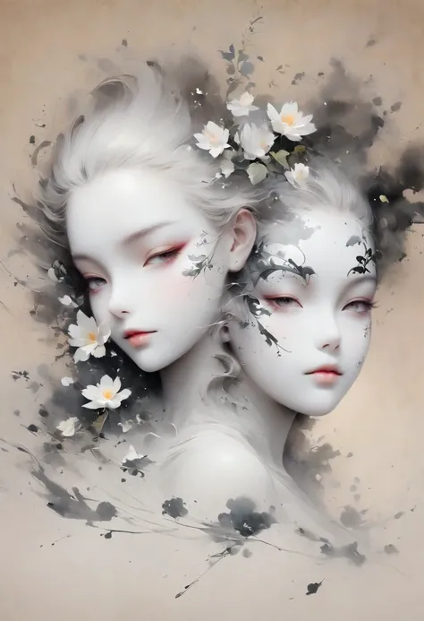 (Anime line drawing:1.5)，(black and white painting:1.45)，Minimalism，(line art:1.6)，sketch，Charcoal drawing，mask，flower,Illustration in surreal art style，surreal dream，Dubrec style,(multiple exposure：1.8),