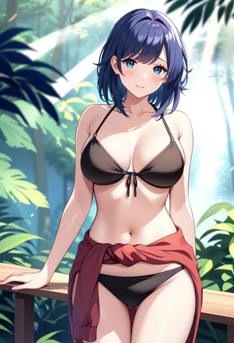 顶级animation质量，animation，HD，1080P，solo，a woman，very sexy，extremely detailed hair and eyes，messy hair with neat bang，(only wears Bikini)，Clothes tied around waist，in the rainforest，[at afternoon]，background blur，((sexy feeling))，Ray tracing，cinematic shadow，...