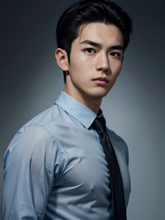 black hair, hairstyle showing forehead, light blue Y-shirt, whole body、tie, black background, realistic asian handsome face, natural muscles, beardless face, masterpiece, A high resolution, hyperrealism, detailed face, solo, a men, glowing skin, (Asian), (...