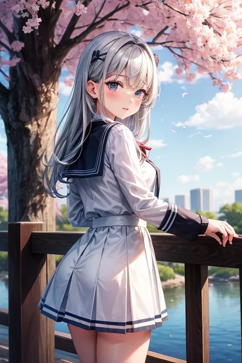 gray hair　schoolgirl　under the cherry tree　Crying　white uniform