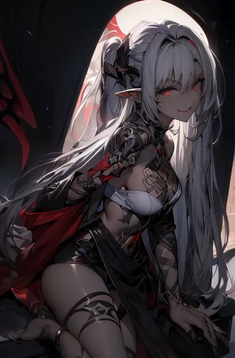 Anime  sitting on bed with red eyes and long white hair，Smile，demon anime girl, Beautiful sexy succubus, Extremely detailed Artgerm, white-haired god,trending on artstation pixiv, A succubus in tight underwear, Erect ，beautiful elegant demon queen， dark el...