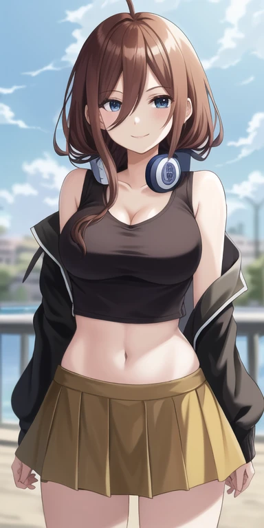 2d, masterpiece, best quality, anime, highly detailed, 1girl, solo, cowboy shot, nakano miku, brown hair, hair between eyes, , headphones, Crop top , cleavage ,  skirt, miniskirt, medium breasts, standing, , outdoors, smile