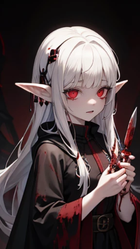 An little Elf girl with Morbid pale skin, Dark-elf, Bloody face, Bloody hands, Bloody black robe, Eerily glowing red eyes, Insanity smile, She is holding a blood-dripping knife, Dark atmosphere, Insanity atmosphere, She is taking pleasure to kill human