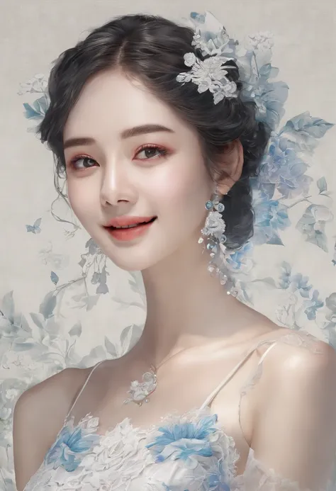 Smile full of happiness、((Looks happy:1.3))、a beautiful slender girl、Panting face、Lacking、Sweating、Expression in a state of excitement、short-hair、eye glass、Photorealistic,High resolution,Soft light,1womanl,hips up high, Large breasts, Blue eyes, White Dres...