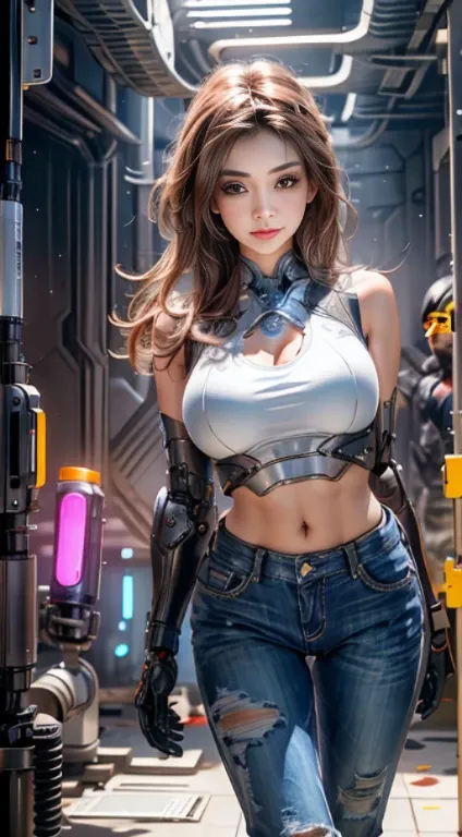 Virtual image,Realistic picture 8k,Top quality,Masterpiece,perfect anatomy,dynamic elements,evening light,Young woman with long brown hair,cyberpunk robot,Short jeans body - white tank top,Turning, legs spread, smiling staring at me. Behind the scenes of t...