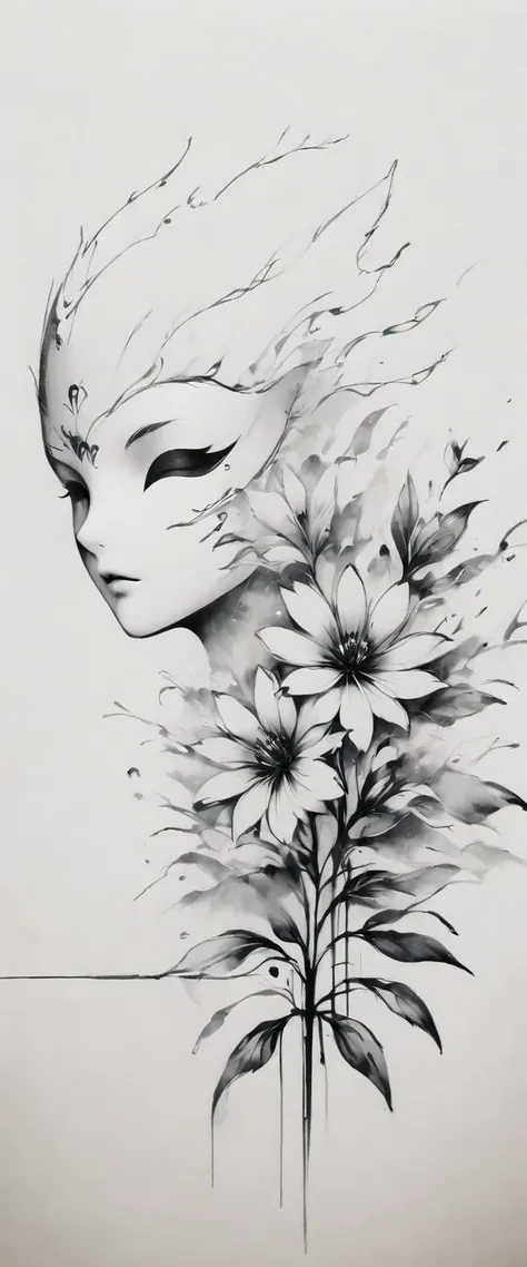 (anime line drawing:1.5)，(black and white painting:1.45)，minimalism，(line art:1.6)，sketch，charcoal drawing，mask，flower,illustrat...