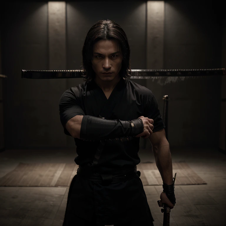 ((masterpiece)), ((best quality)), ((8k image)), (epicrealism), (realism:1.5), 1male, ninja, standing ((in fighting stance)), drawing sword ((katana)), in a dimly-lit room, light reflecting on latana blade, looking at viewer, dark eyes ((detailed eyes), an...