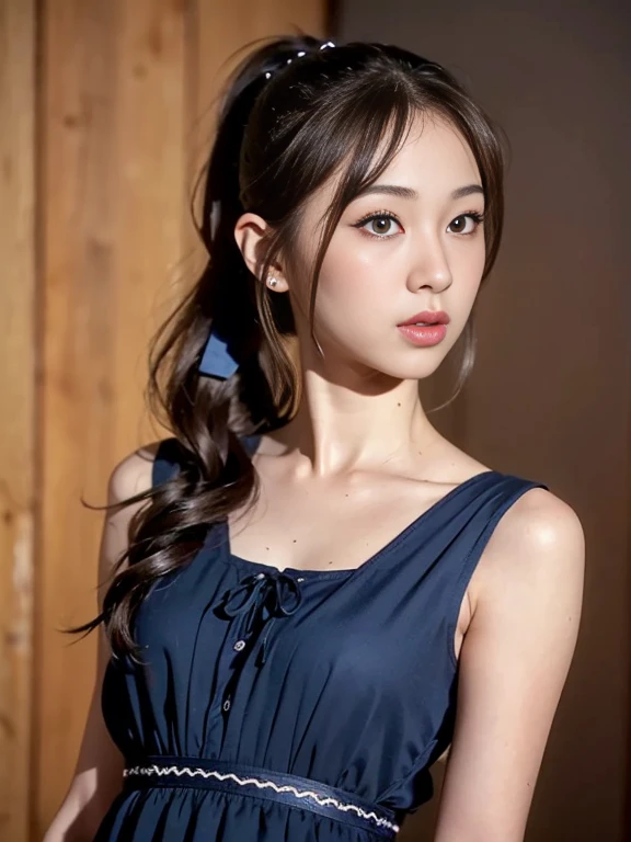 close up face,standing on stage,Blue colored long dress with lots of ruffles,One woman,masutepiece, The highest image quality, High quality, the background is clear,Beautiful woman, Japanese, Detailed, Detailed eyes, Detailed skin, Beautiful skin, 超hight r...