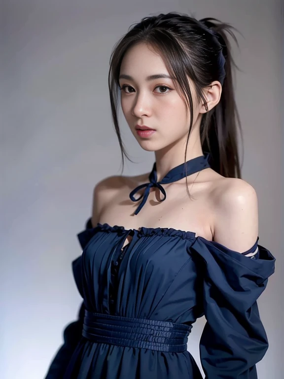 close up face,standing on stage,Blue colored long dress with lots of ruffles,One woman,masutepiece, The highest image quality, High quality, the background is clear,Beautiful woman, Japanese, Detailed, Detailed eyes, Detailed skin, Beautiful skin, 超hight r...