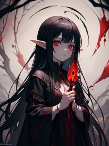 An little Elf girl with morbid pale skin, Dark-elf, Eerily glowing red eyes, Scared wrists, Bloody face, Bloody hands, Bloody black robe, Insanity smile, She is holding a blood-dripping dagger, Dark atmosphere, Insanity atmosphere, Bleed, Cruel vengeance, ...