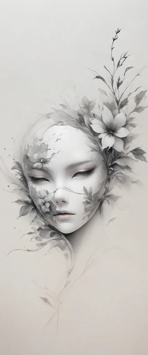 (anime line drawing:1.5)，(black and white painting:1.45)，minimalism，(line art:1.6)，sketch，charcoal drawing，mask，flower,illustrat...