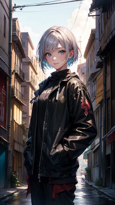 (Highly detailed CG unit 8k wallpaper, masterpiece, High resolution, highest quality, natural skin texture), Composition from head to stomach:1.5, (20 year old woman, Hands in pockets pose:1.5, smile, detailed eyes, gradient eyes), (grunge fashion, Asymmet...