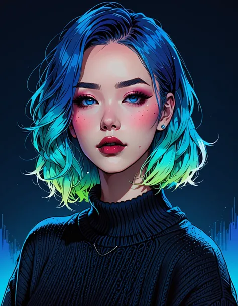 (best quality, sketch:1.2),realistic,illustrator,anime,1 girl, detailed lips,sweater,custom,blue gradient background,neon hair,textured cropping,Canadian, masterpiece, style retro classic, noir dark 