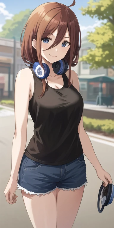 2d, masterpiece, best quality, anime, highly detailed, 1girl, solo, cowboy shot, nakano miku, brown hair, hair between eyes, , headphones, black tank, blue short pants, medium breasts, standing, , outdoors, smile