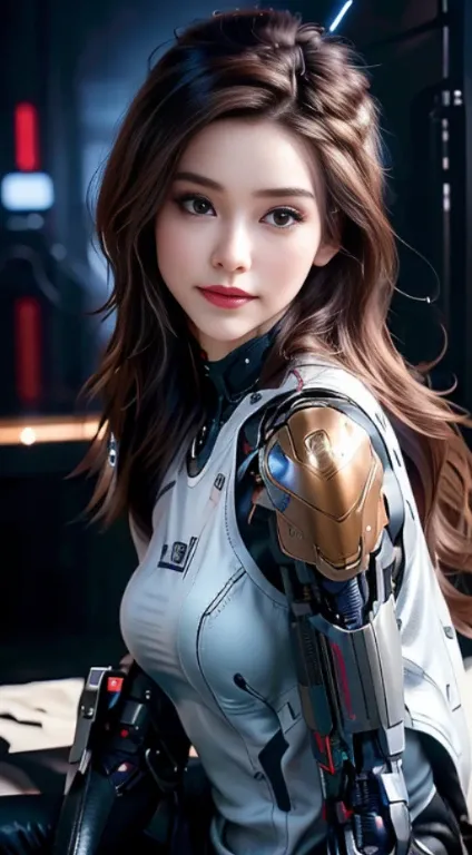 Virtual image,Realistic picture 8k,Top quality,Masterpiece,perfect anatomy,dynamic elements,evening light,Young woman with long brown hair,cyberpunk robot,Short jeans body - white tank top,Turning, legs spread, smiling staring at me. Behind the scenes of t...