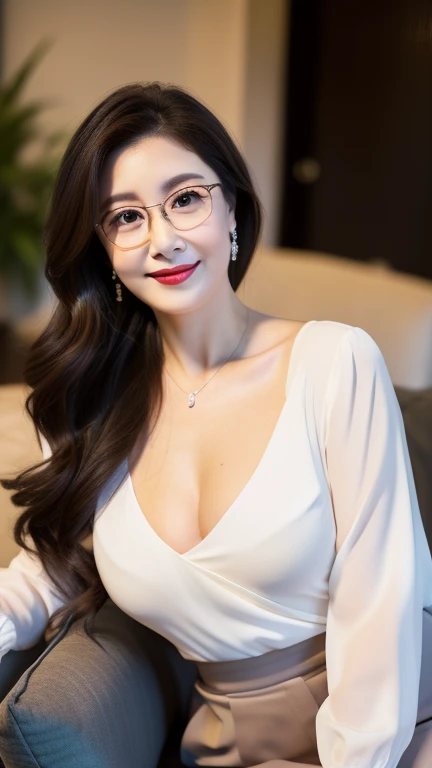 ((photograph))、((real photo))、mature adult woman、High resolution、((highest quality,8k,masterpiece))、((Full body shot 0.85)) facial portrait, gentle smile、 ((pale lipstick)), sensual, ((Very big breasts 2.3))Medium Hair, black hair, tied her hair in a bun, ...