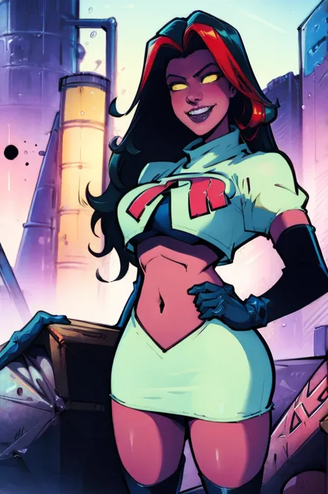 Red she-hulk /(marvel/), dark red skin, team rocket, team rocket uniform, red letter R, white skirt, white crop top, black thigh-highs, black elbow gloves, evil smile