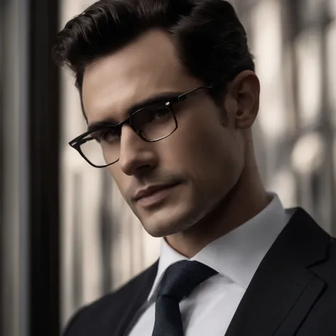 full-length man in suit and tie, suit and glasses, masculine face, firm chin line, dimpled chin, shaped jaw, wide cheekbones, black hair, Rafael Personnas, men in glasses, Ethan Klein, black hair, neat hairstyle, wide jaw, wide cheekbones, rectangular face...