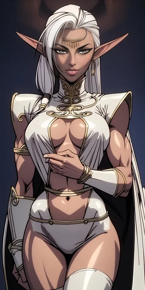 extremely long hair , ponytail, perfect anatomy 1 girl tall solo, slim thick, ((muscular)) high elf toned body, silver breast plate, blue cape, slendered abs, hourglass waist, detailed face, defined cheekbones, puffy lips, gauntlets, gold crown, shadow ove...