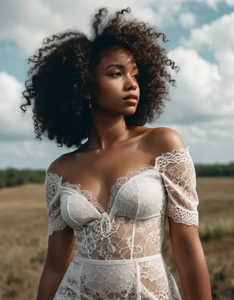 Mid-shot photo of a cute 22 y.o black sexy woman, afro curly hair, looks away, full lips, natural detailed skin, natural detailed hair, (skin moles:0.1), cloudy weather, natural landscape (film grain:0.8), wearing short withe lace dress, hands on waist.