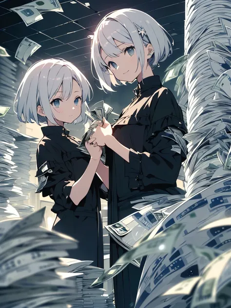 (highest quality、masterpiece、High resolution、detailed)、(Shining eyes、detailed美しい顔)､smile、(1 girl、short hair)、(silver hair)、(casual outfit)、(Holding many stacks of bills in both hands:1.9)、(cash money:1.8)、(bright theme)、(beautiful anime)、(Stacks of bills a...