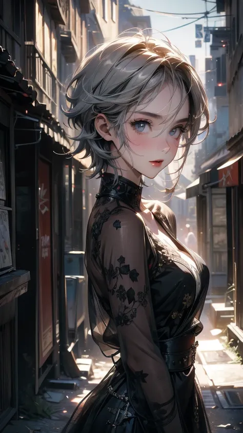 (Highly detailed CG unit 8k wallpaper, masterpiece, High resolution, highest quality), ((20 year old woman, Composition from head to stomach, upper body focus)), smile, detailed eyes, grunge fashion, Asymmetrical punk short hair:1.2, ash gray hair, A deser...