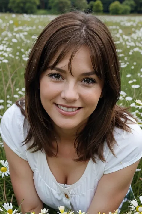 beautiful woman 50 years old. brown hair, smiling, against the background of a field with daisies. 