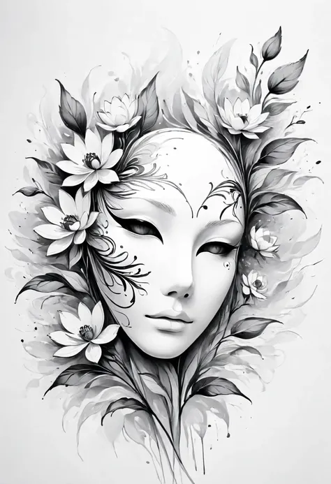 (anime line drawing:1.5)，(black and white painting:1.45)，minimalism，(line art:1.6)，sketch，mask，flower,illustration in surreal ar...