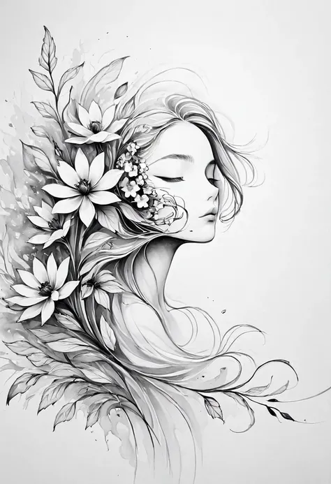 (anime line drawing:1.5)，(black and white painting:1.45)，minimalism，(line art:1.6)，sketch，mask，flower,illustration in surreal ar...