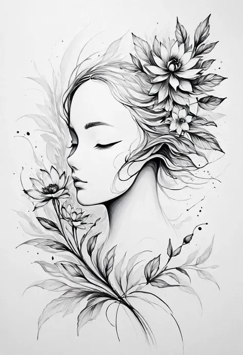 (anime line drawing:1.5)，(black and white painting:1.45)，minimalism，(line art:1.6)，sketch，mask，flower,illustration in surreal ar...