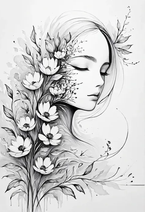 (anime line drawing:1.5)，(black and white painting:1.45)，minimalism，(line art:1.6)，sketch，mask，flower,illustration in surreal ar...