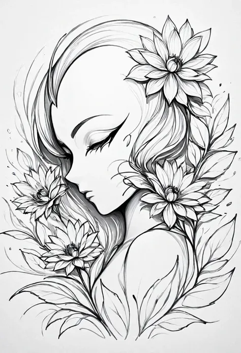 (anime line drawing:1.5)，(black and white painting:1.45)，minimalism，(line art:1.6)，sketch，mask，flower,illustration in surreal ar...