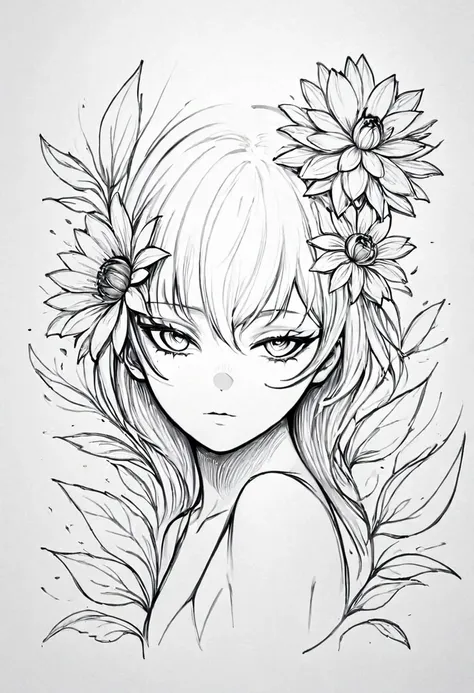 (anime line drawing:1.5)，(black and white painting:1.45)，minimalism，(line art:1.6)，sketch，mask，flower,illustration in surreal ar...