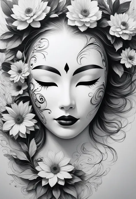 (Anime line drawing:1.5)，(black and white painting:1.45)，Minimalism，(line art:1.6)，sketch，mask，flower,Illustration in surreal art style，surreal dream，Dubrec style,