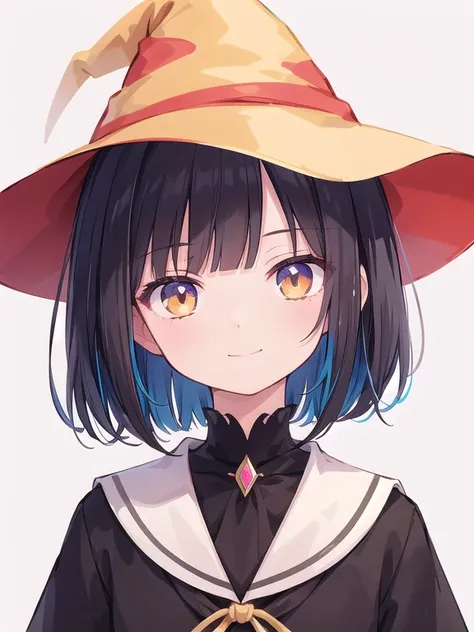 Witchs outfit, Anime-style portrait of a teen-ager girl with a deep violet bob cut, (Golden eyes), bright eyes, detailed eyes, eye contact with the camera, subtle smile, minimalistic background to emphasize character, high contrast, clean lines, digital pa...