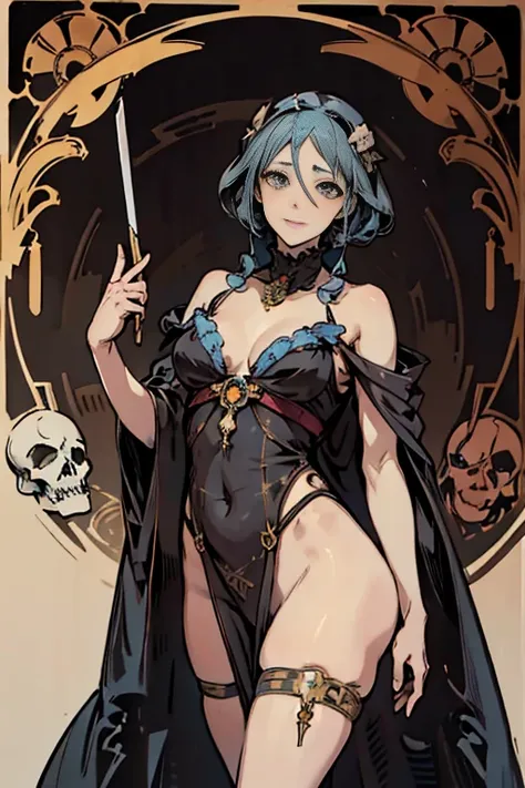 (masterpiece), (High resolution), (super delicate),,(Horror elements), sexy dress,Cute Core Clown、Skull Accessories、((Alphonse Mucha 1.5))blue hair、
