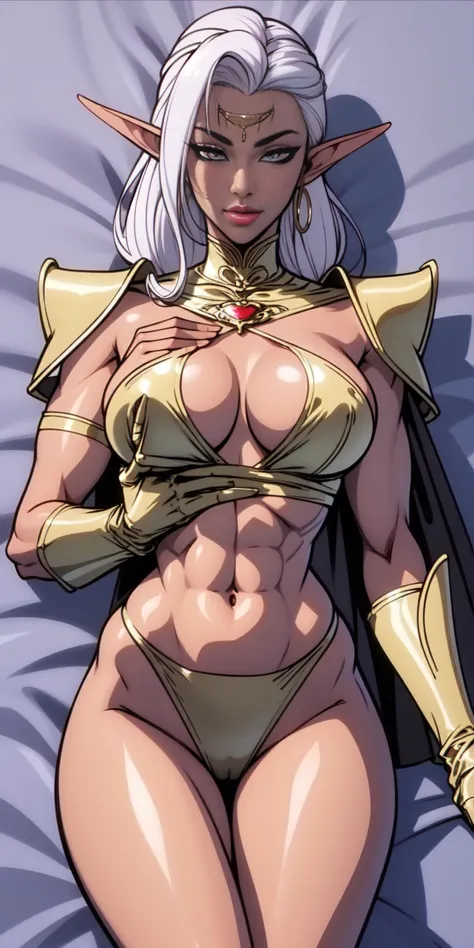 extremely long hair , ponytail, perfect anatomy 1 girl tall solo, slim thick, ((muscular)) high elf toned body, silver breast plate, blue cape, slendered abs, hourglass waist, detailed face, defined cheekbones, puffy lips, gauntlets, gold crown, shadow ove...