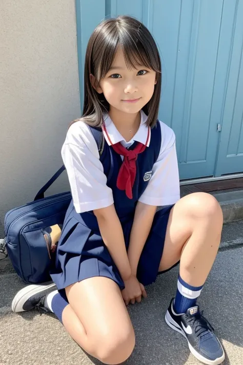 Japanese,10 years old,innocent face,teenage girl,cute,primary school student,private elementary school,uniform,summer clothes,sitting、spread your legs、kneel up