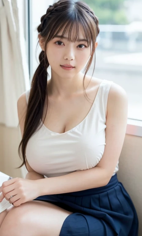 masterpiece、highest quality、16K、soft light、professional lighting、Pale shading、Weak contrast、Japanese、beautiful girl、daytime office、Window seat、sitting in front of the computer、Navy blue tightＶneckＴshirt、Bra shows through、navy pleated skirt、smooth and beaut...