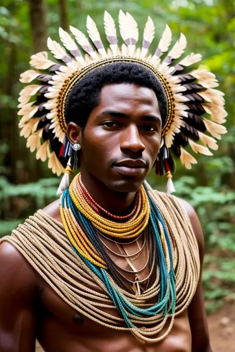 homem africano de pele negra muita escura, Indian uses bow and arrow in his hand, Indian style feather headdress, african necklaces on the neck, wears a leopard skin skirt, is in the forest, His virtues are courage and intelligence, protetor dos animais e ...