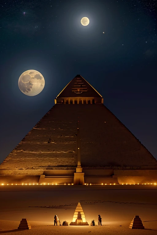 Egyptians on a full moon night near the pyramid seeing spaceships coming from space