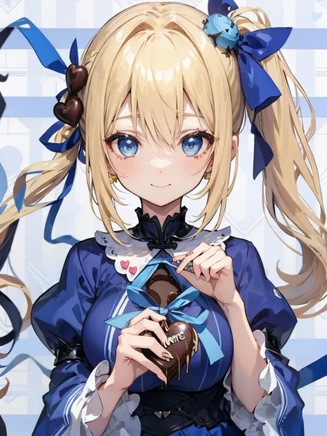 1girl、((blonde:1.3))、((Hair tied around the temporal lobe:1.2))、(((side ponytail:1.2)))、((The end of the ponytail is fluffy))、((BREAK))、((blue eyes:1.2))、(beautiful eyes)、((big blue ribbon in hair knot:1.35))、(Voluminous long-sleeved dress with lace)、(A sh...