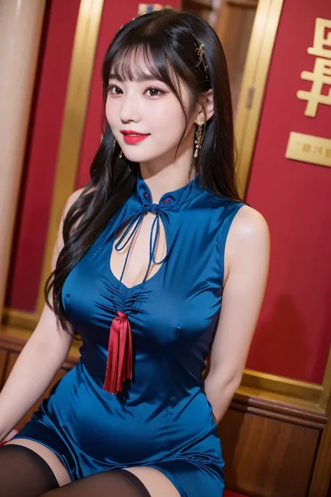 (8K), (highest quality: 1.2), (realistic), (realistic: 1.37), ultra high resolution, (1 girl, cute, smile, closed mouth, thick lips,red lip,beautiful details, beautiful nose, (straight black hair), (tied hair),giant dulcefo, Tight blue silk cheongsam,In th...