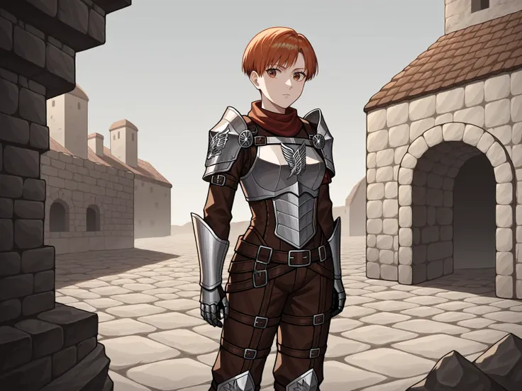 source_anime,score_9,score_8_up, BREAK, 1girl, solo, armor, fishscale armor, ripped clothes, attack on titan, ruined town, ruins, medieval, ((grim)), ((dark fantasy)), ((apathetic)), looking to the side, expressionless, closed mouth, ginger, short hair, pi...