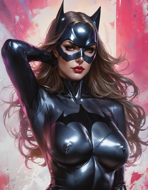 a woman with long hair wearing a Super girl costume, sexy painting of Catwoman, hybrid of Super girl, stephen lau and artgerm, as seen on artgerm, artgerm julie bell beeple, stanley artgerm lau, artgerm and ben lo, portrait of Super girl, artgerm on artsta...