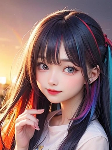 background is sky、small face、 (alone:1.5,)Super detailed,bright colors, very beautiful detailed anime face and eyes, look straight,  shiny_skin,girl, (((rainbow colored hair, colorful hair, Half blue、half red hair: 1.2))), 、shiny hair, delicate beautiful f...