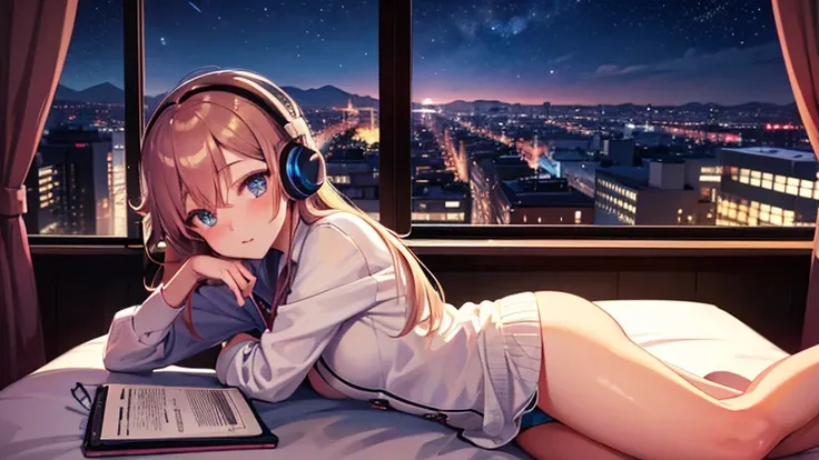 Beautiful girl studying while listening to music with headphones in her room at night　You can see the night view outside the window.　warm atmosphere　Japanese anime style