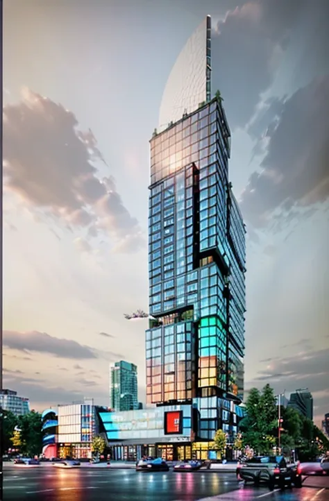 luxury glass office building, luxury shopping mall at podium, (glass facade with high reflection:1.2), (sunset time:1.2), plenty...